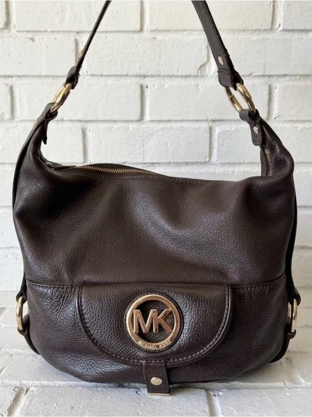 Michael Kors Dark Brown Pebbled Leather Shoulder Bag with Gold MK Logo
